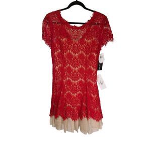 NWT Betsy & Adam Red Lace with Nude Contrast Dress Women's 6